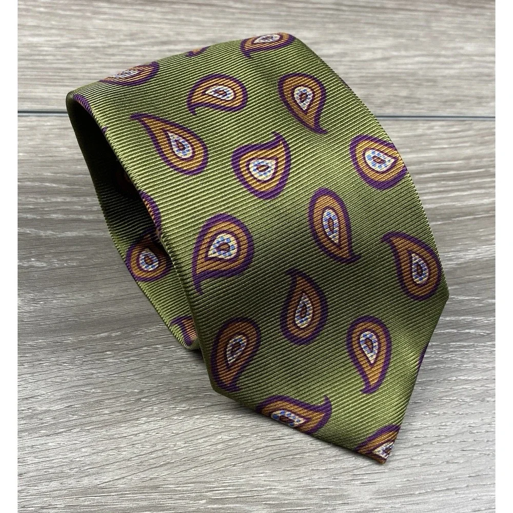 Altea Milano Men's Silk Paisley Pattern Necktie Green 3.5
